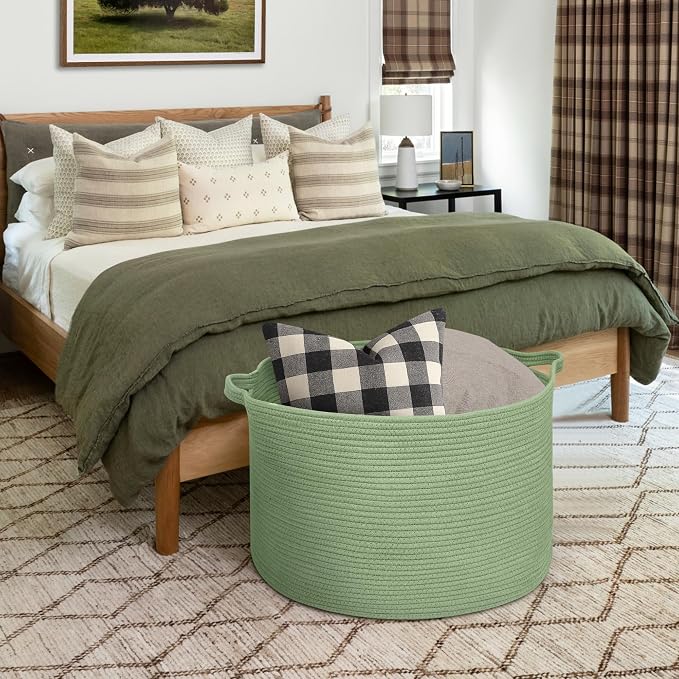 MEGASKET 115L Oversized Green Basket, 23.6"x15.7" Woven Cotton Rope Bin for Blankets, Nursery Wicker Laundry Hamper, Kids Toy Storage Bin, Sage Green Living Room Bedroom Decor Baskets for Organizing