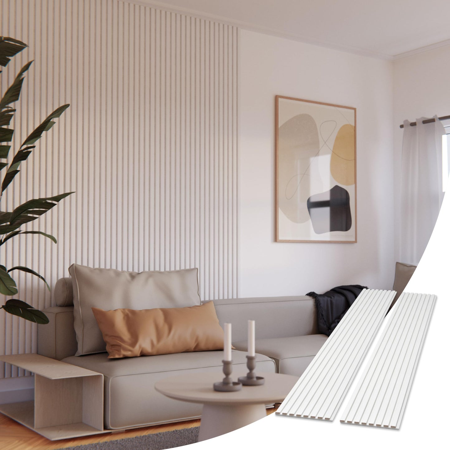 WVH Slatpanel White & Felt – Acoustic 3D Textured Wood Panels for Walls & Ceilings | Decorative Panels for Homes, Offices & Studios | 2 x-94.49” x 12.6” | Veneer, MDF, Felt
