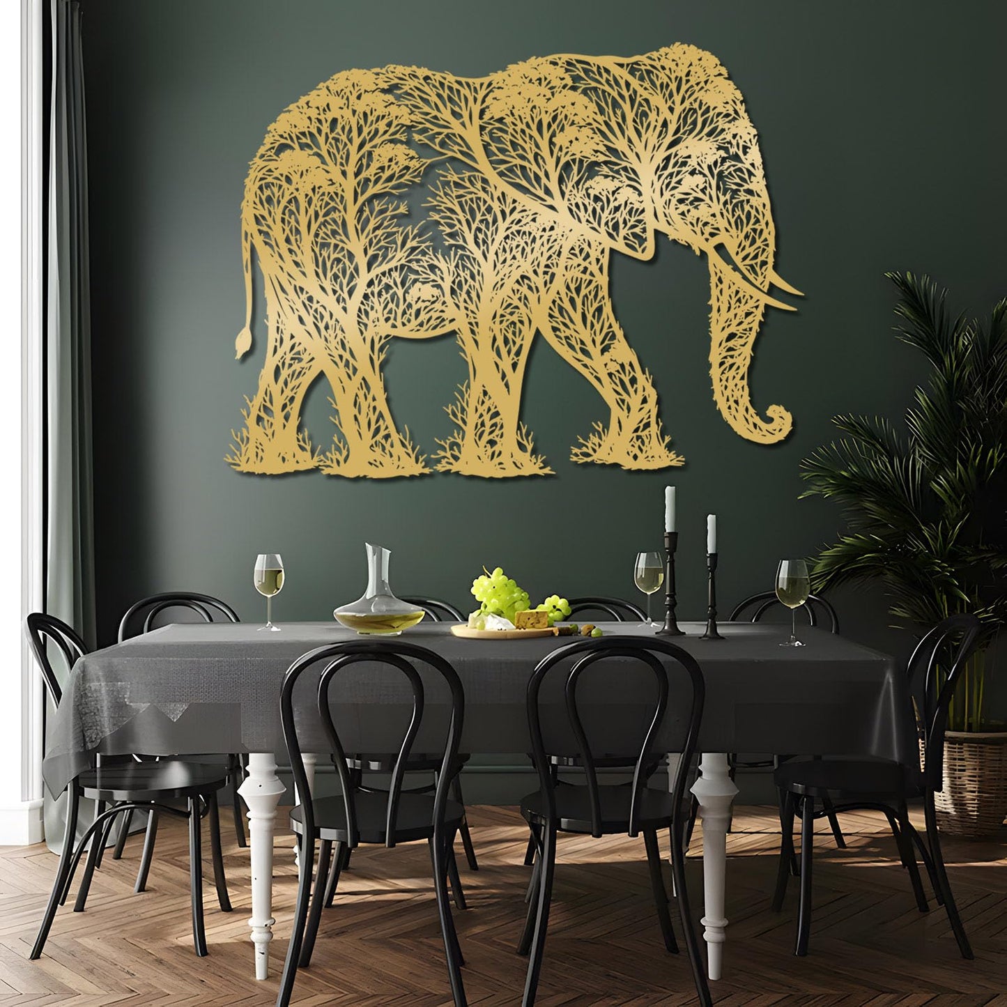 AJMTQRL Elephant Forest Silhouette Metal Wall Art, Elephant Tree Silhouette Metal Wall Art, Elephants Wall Decor, Wildlife Hanging Decor, Home Decoration (Gold 1, 19"x14"/47x35cm)