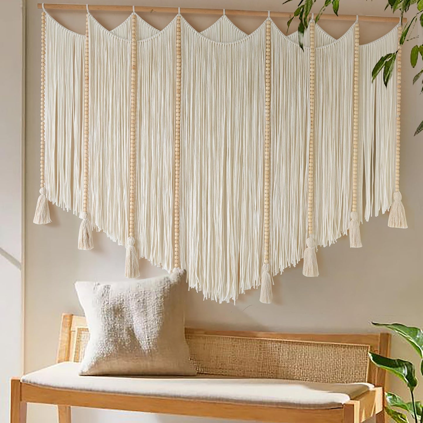 Jakalin Macrame Wall Hanging White Beads Boho Wall Decor for Living Room Bedroom or Nursery Texture Yarn Wall Art 57" W × 43" L