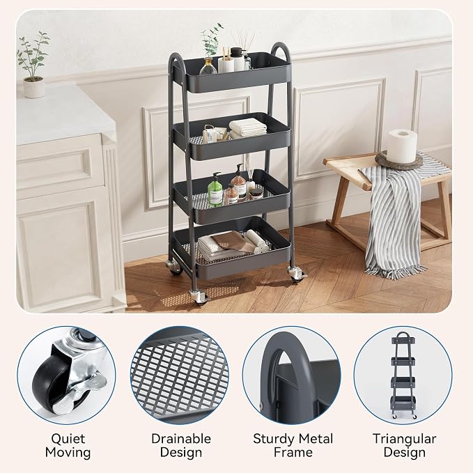 OLIXIS Metal 4 Tiers Utility Rolling Cart, Mobile Storage Shelf with Lockable Caster Wheels, Organization for Livingroom, Bathroom & Narrow Places, 4-Tier Gray
