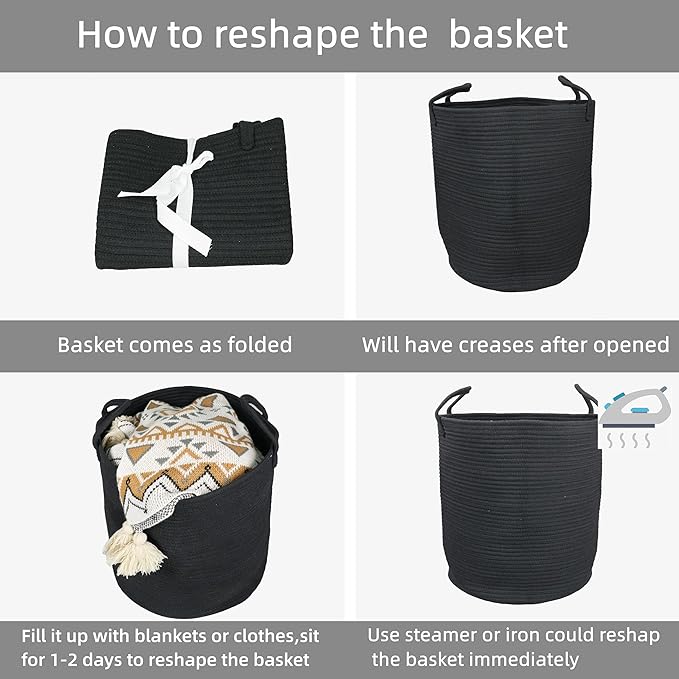 XUANGUO Black Cotton Rope Laundry Basket Hamper for Clothes Woven Storage Basket for Living Room Bedroom Boho Tall Rope Baskets for Blanket Toys Pillow Towels Baby Nursery Hamper Bin Large