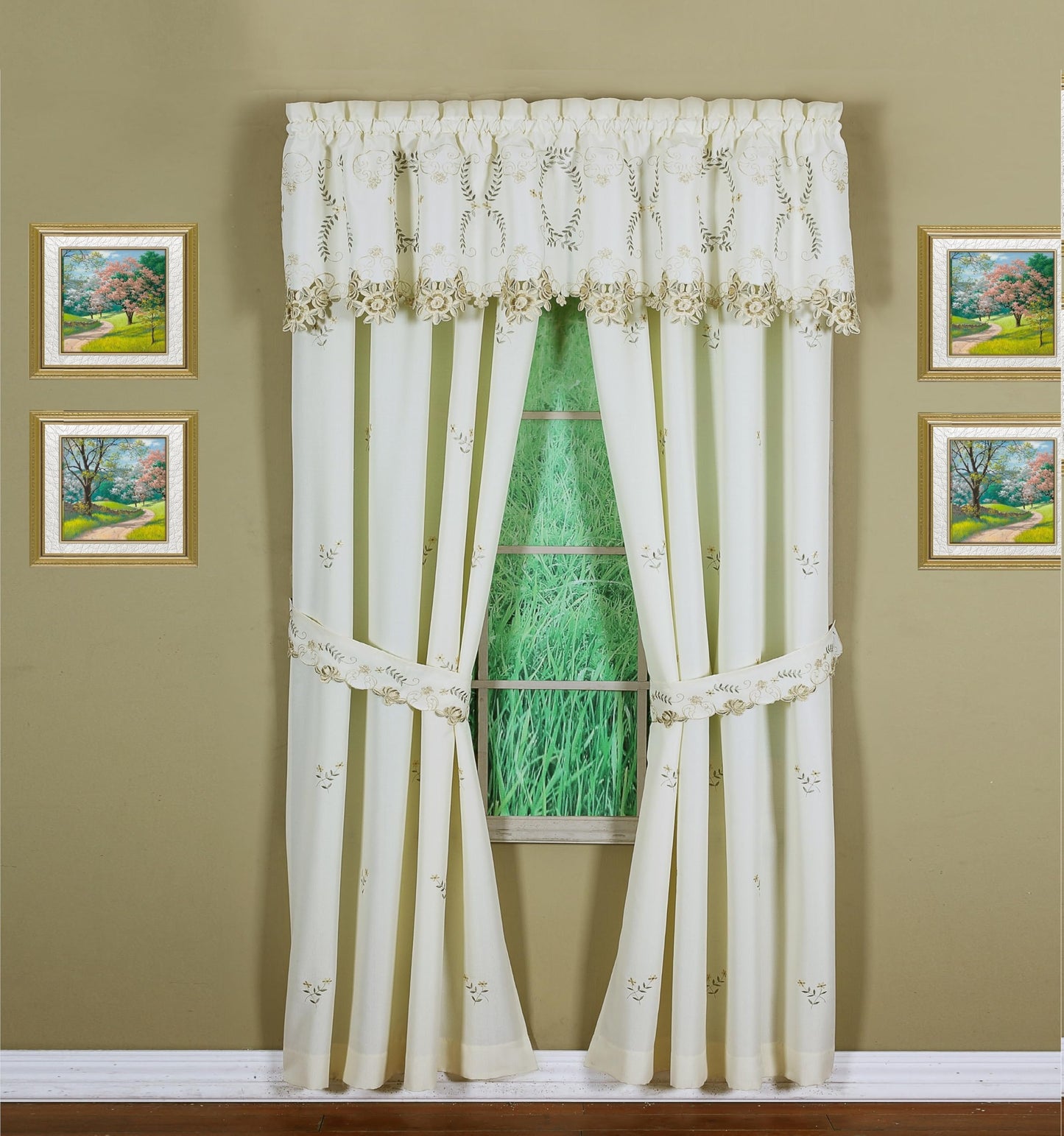 Today's Curtain Verona Reverse Embroidery Panel Pair and Tiebacks, 63", Ecru/Antique, 80" W X 63" L