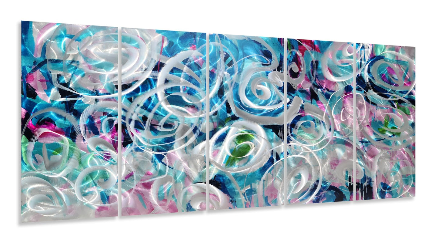 RICHSPACE ARTS Large Flower Field Metal Wall Art with 3D Texture 5 Pieces Blue and Pink Modern Wall Decor Hanging Sculptures for Living Room Bedroom Office Home Gift Ideas