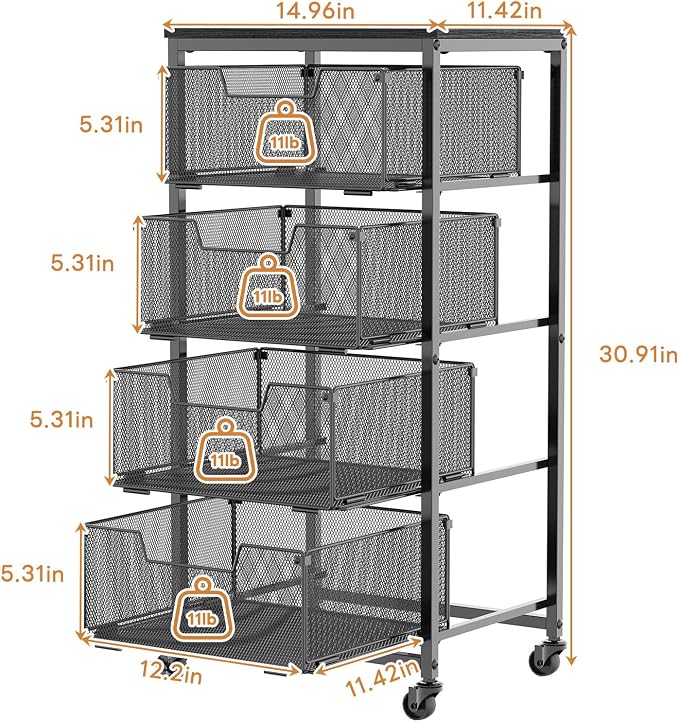4-Tier Fruit Vegetable Storage Cart - Kitchen Organizer and Storage Cart with Wheels, Wooden Top Metal Wire Fruit Vegetable Rack Stand with Drawers to Storage Cans Snacks for Kitchen(Patent Pending)