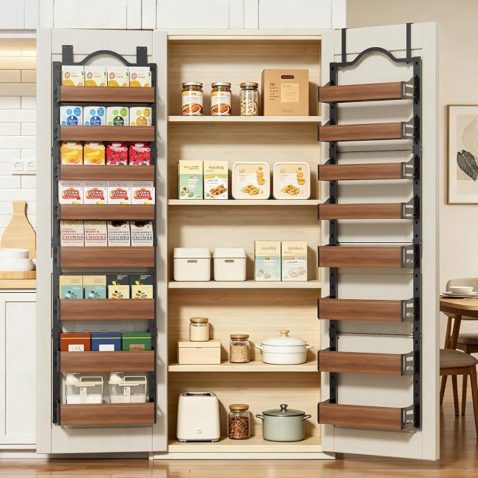 8-Tier Pantry Door Organizer, Over the Door Pantry Organizer with Wooden Adjustable Baskets, 2 IN 1 Spice Rack Wall Mount or Door Organizer, Door Spice Rack（12.4"W x 5.5"D x 66.1"H,1 Pack, Black)