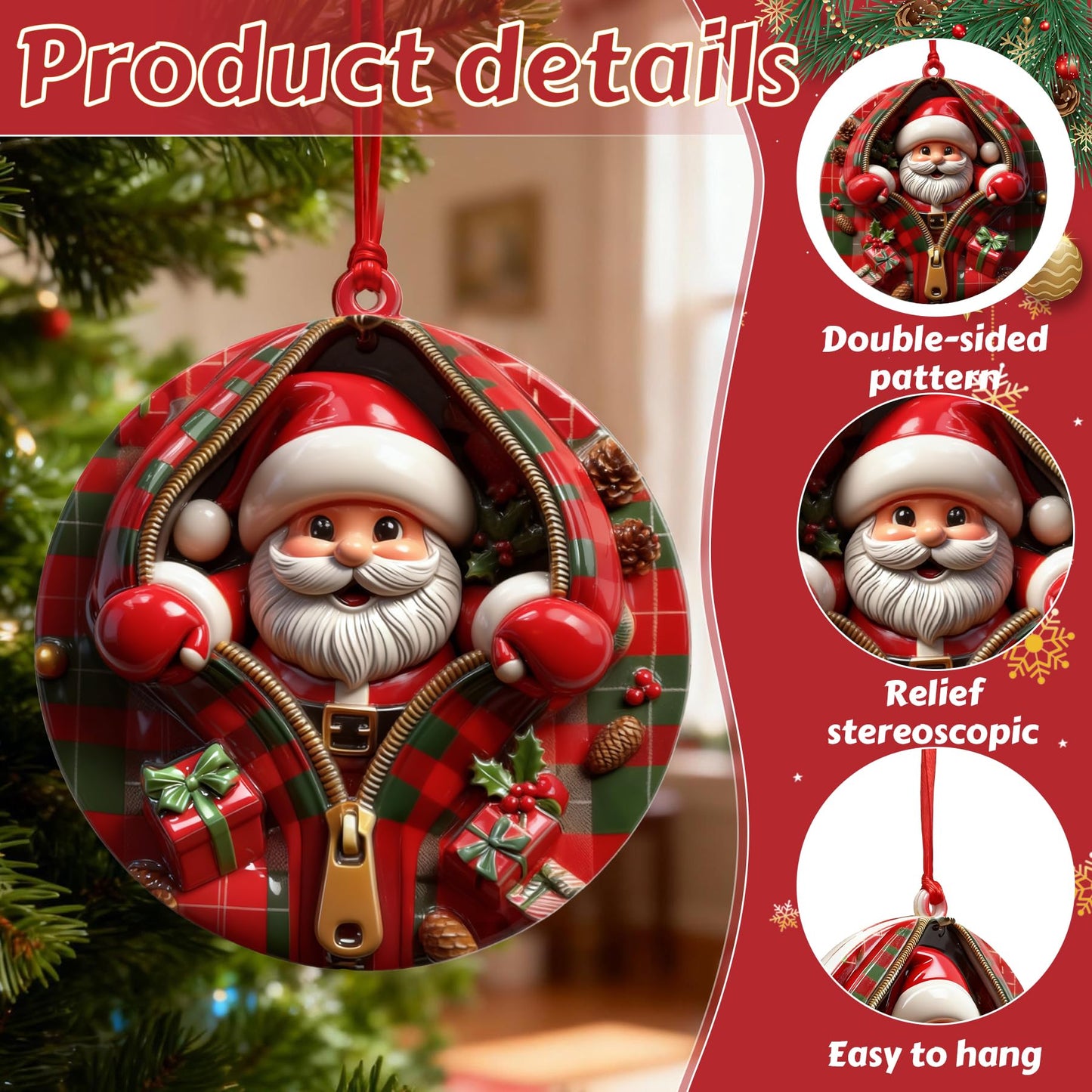 Funny Christmas Ornaments 2025, 3.4 in Zipper Santa Ornaments for Christmas Tree, Unique Relief Resin Personalized Christmas Ornaments, Santas Gift Exchange Ornaments (Santa)