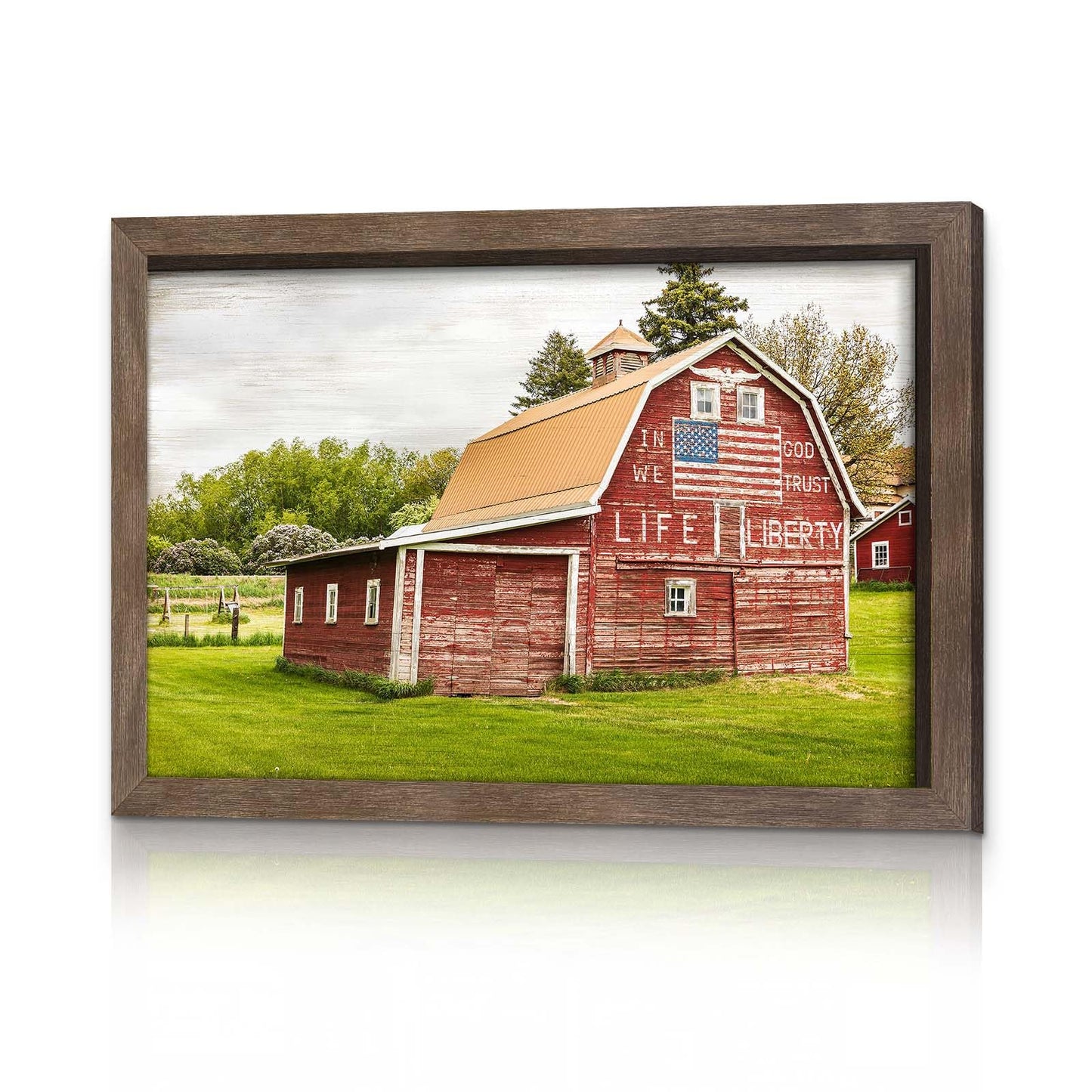 Rural Cabin Framed Wall Art - Rustic Red Farmhouse with American Flag Classic Barn Painting Country Landscape Picture Patriotic Artwork for Home Office
