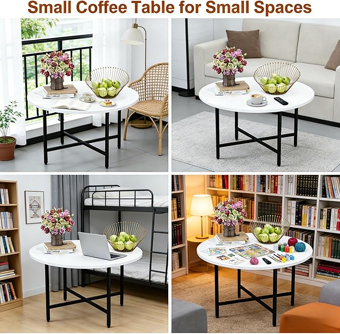 FAMIDGE Coffee Table, 23.6" Coffee Tables for Living Room, Round Coffee Table with Metal Frame, Floor Table for Sitting on The Floor, Home, Office, White