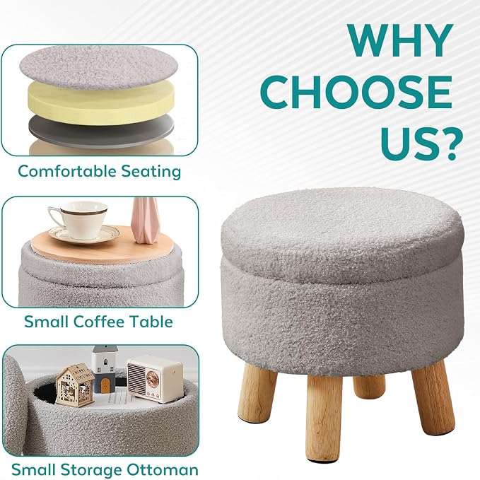 Small Foot Stool Ottoman with Storage, Sherpa Ottoman Foot Rest for Couch, Round Footstool with Storage, Small Ottomans and Footstools for Living Room and Entryway (Light Gray)