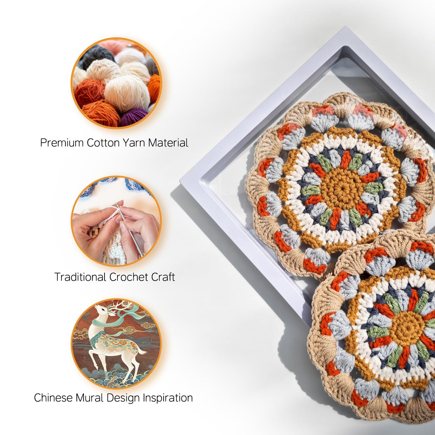 5.9 Inch Handmade Crochet Coaster, Non-Slip Cotton Drink Coaster with Oriental Traditional Nine-Color Deer Mural Motif, for Home Office Use, for Art Lovers & Housewarming
