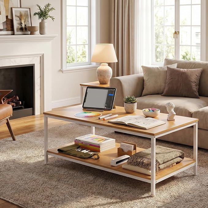 SUPER DEAL 2-Tier Coffee Table with Storage Shelf for Small Apartment Living Room, Rectangle Wood and Stable Metal TV Stand Side End Table, Natural Wood