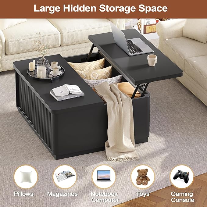 Itaar 39.4'' Lift Top Coffee Table with Storage, Fluted Coffee Tables for Living Room, Square Coffee Table with Large Hidden Compartment & 2 Drawrs & Adjustables Shelves, Black
