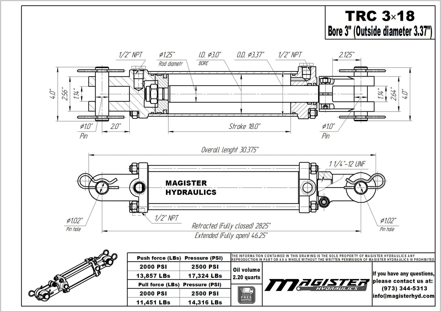 Magister Hydraulics Double Acting Hydraulic Cylinder - AG Tie-Rod Hydraulic Cylinder 2500 PSI Agriculture Standard 3" bore 18" Stroke (3x18)