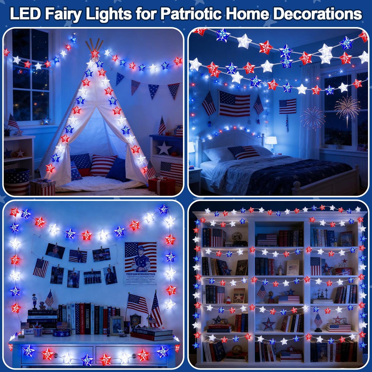 100 LED 4th of July Decorations American Star Fairy Lights Battery Operated, 2 Sets Mini Red White and Blue Star Twinkling Lights Remote & Timer with 8 Modes for Home Memorial Day Patriotic Decor