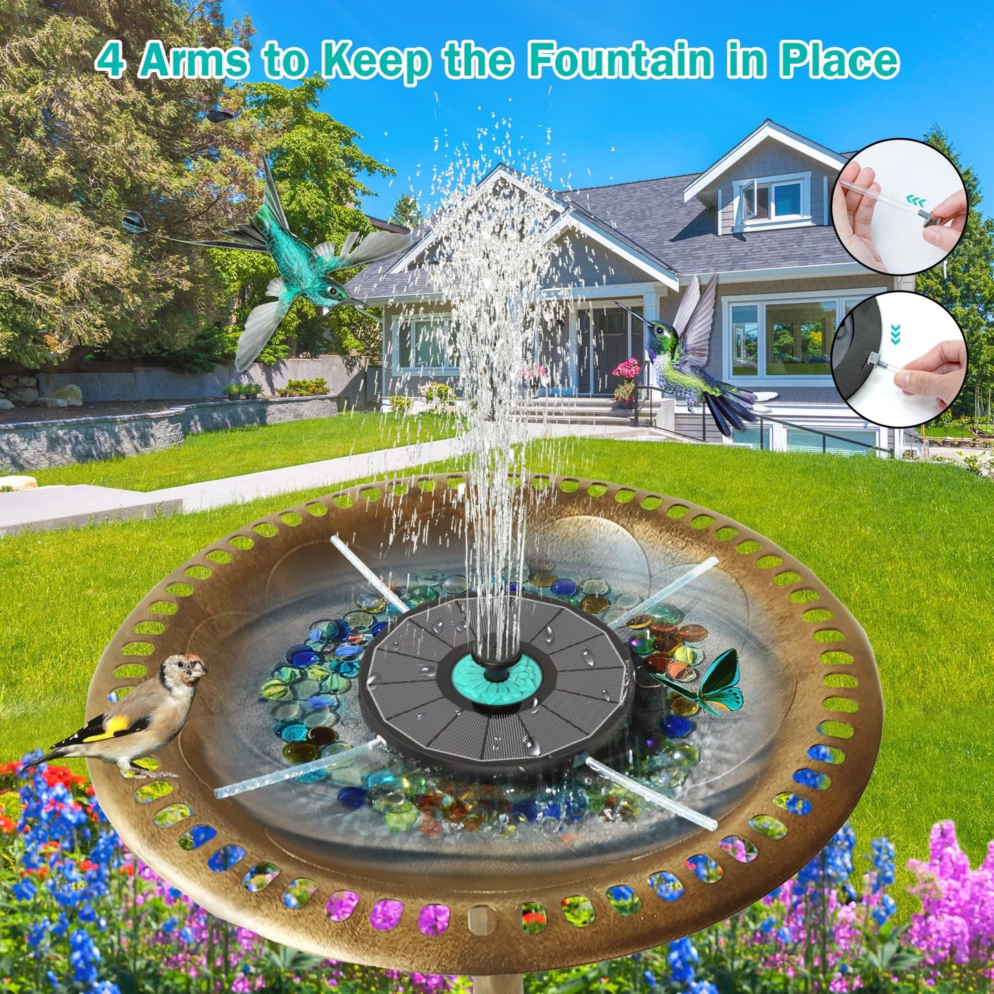 GAIZERL Solar Fountain Cyan Flower, Upgrade 3.5W Solar Bird Bath Fountains, Solar Powered Water Fountain with 7 Nozzles, 4 Fixed Pipes for Hummingbirds, Bird Bath, Garden, Pool, and Pond