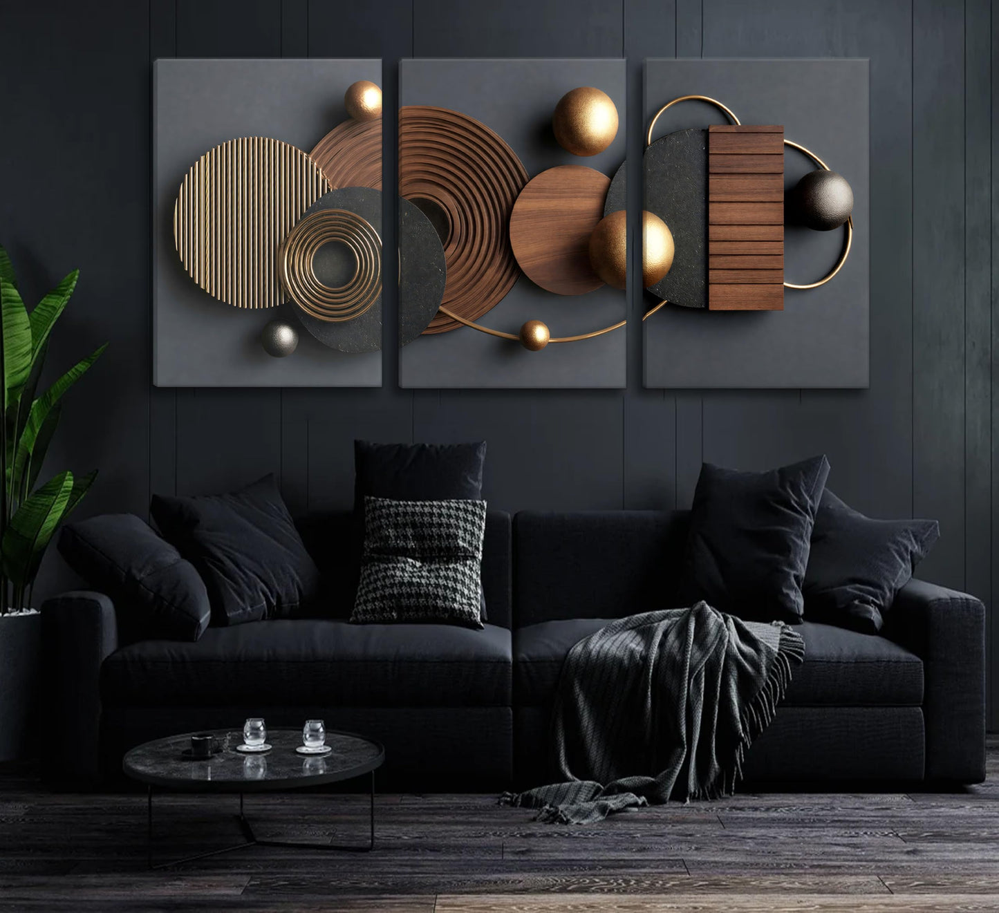 3D Textured 3Pcs Abstract Black Gold Geometric Boho Canvas Wall Art Mid Century Modern Minimalist Aesthetic Luxury Metal Artwork Pictures Wall Decor Posters Prints for Living room Office Home Decoration