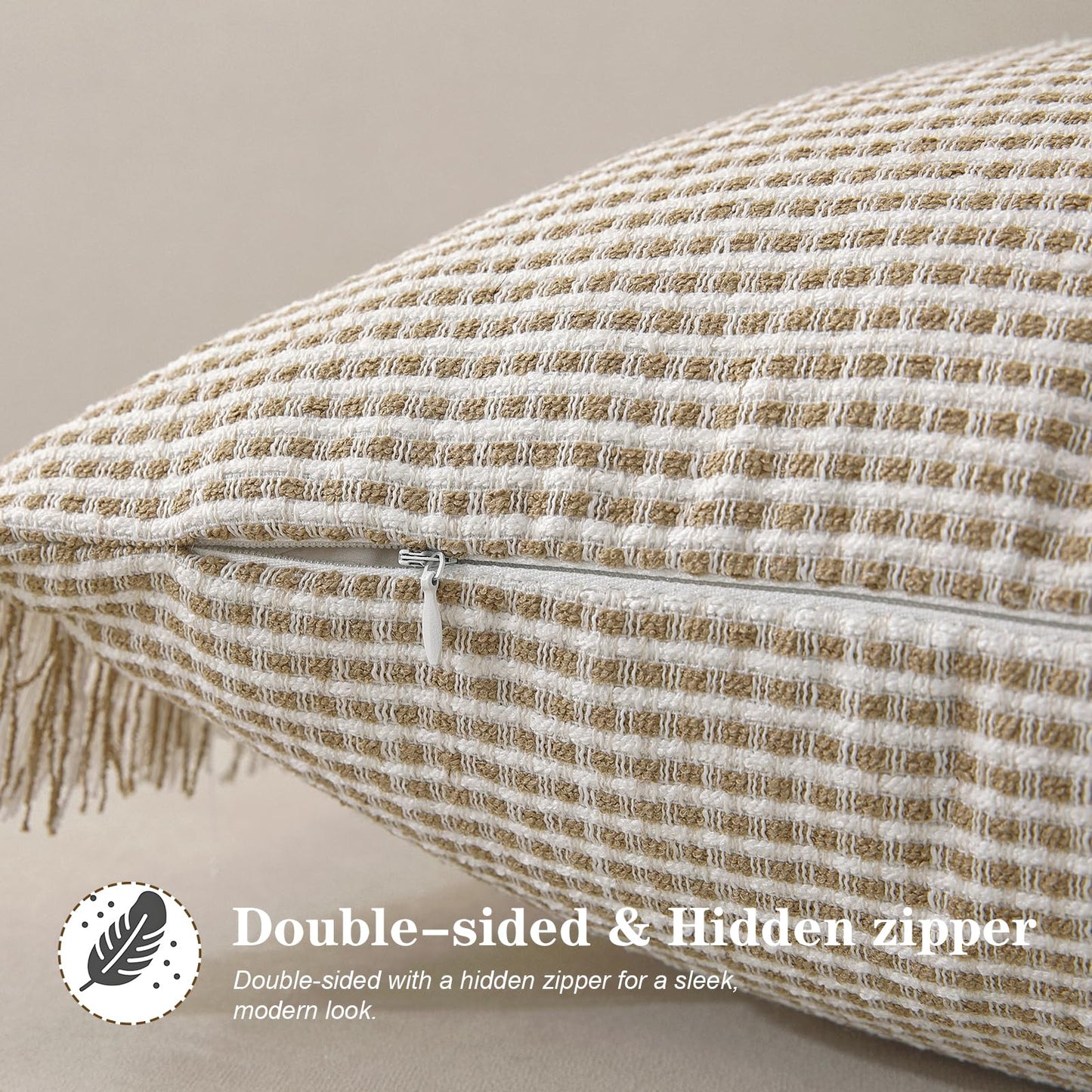 Hahbabya Boho Throw Pillow Covers 18x18 Set of 2 Soft Cotton Striped Fringe Pillow Cover Farmhouse Cushion Covers with Elegant Handmade Tassel Decorative Square Pillowcase for Couch Sofa Bed, Khaki