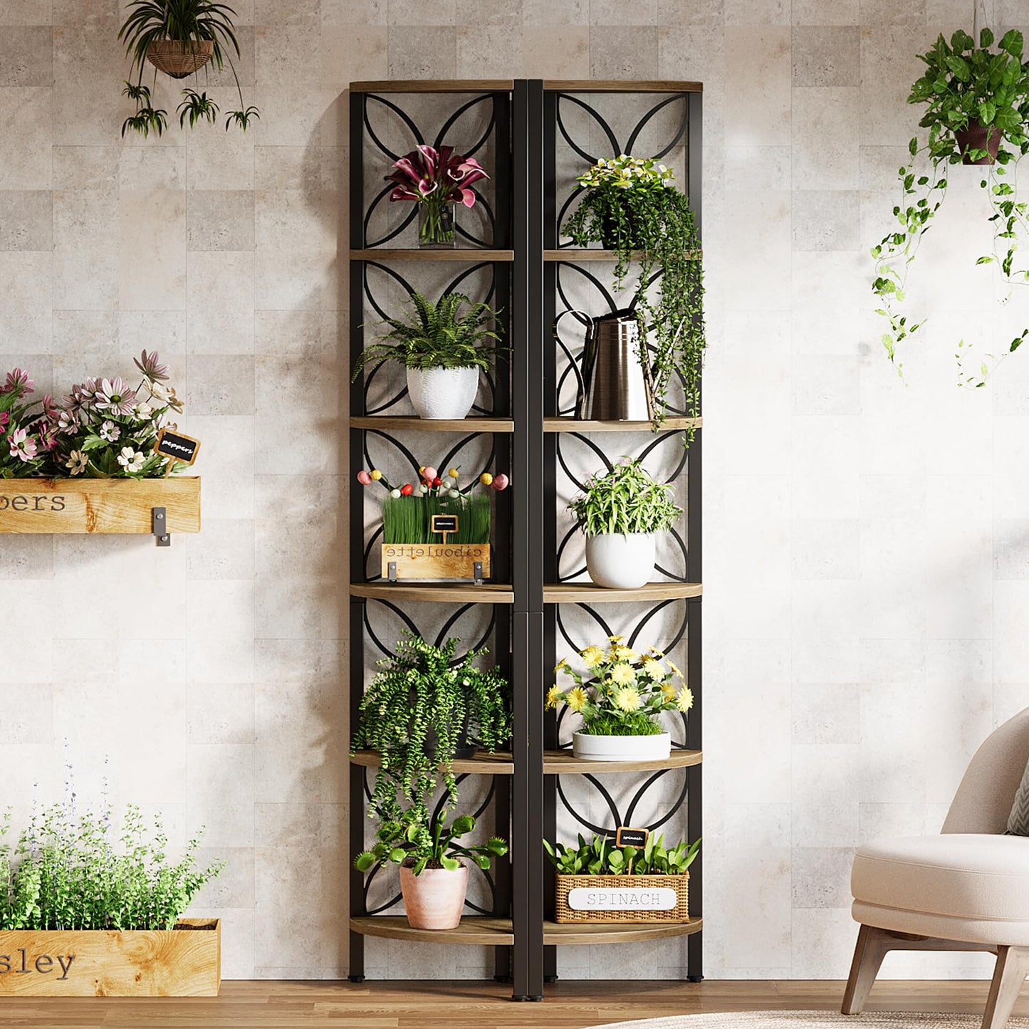 Tribesigns 6-Tier Corner Shelf, Industrial 70.9" Rustic Corner Bookshelf Display Shelf for Living Room, Wooden Shelving Unit Plant Stand Storage Rack for Bedroom, Kitchen, Small Place, Rsutic Brown