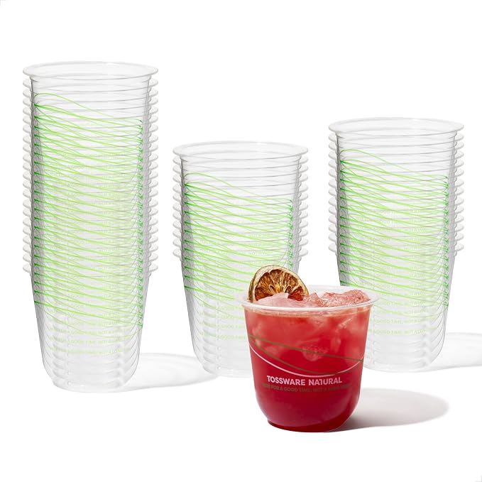 TOSSWARE NATURAL 12oz Arc Green Wave - Plant Based 98mm Clear Cold Cups - Plastic Alternative for Parties, Bachelorettes, Weddings - Recyclable - Set of 50