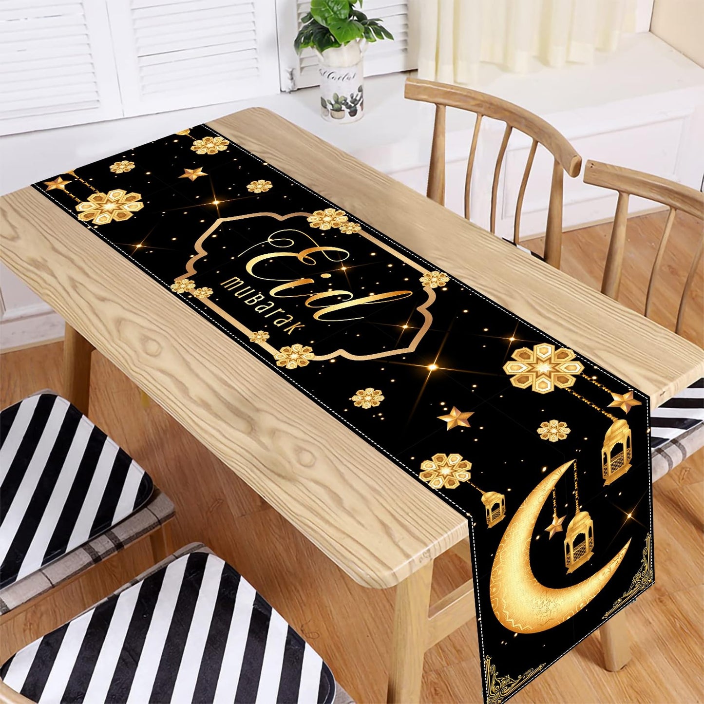 Eid Mubarak Table Runner Table Decorations,Eid Decorations for Home Black and Gold Holiday Kitchen Dining Table Runners with Moon,Star and Lantern for Islamic Table Decor Party Supplies 13 x 72 Inch