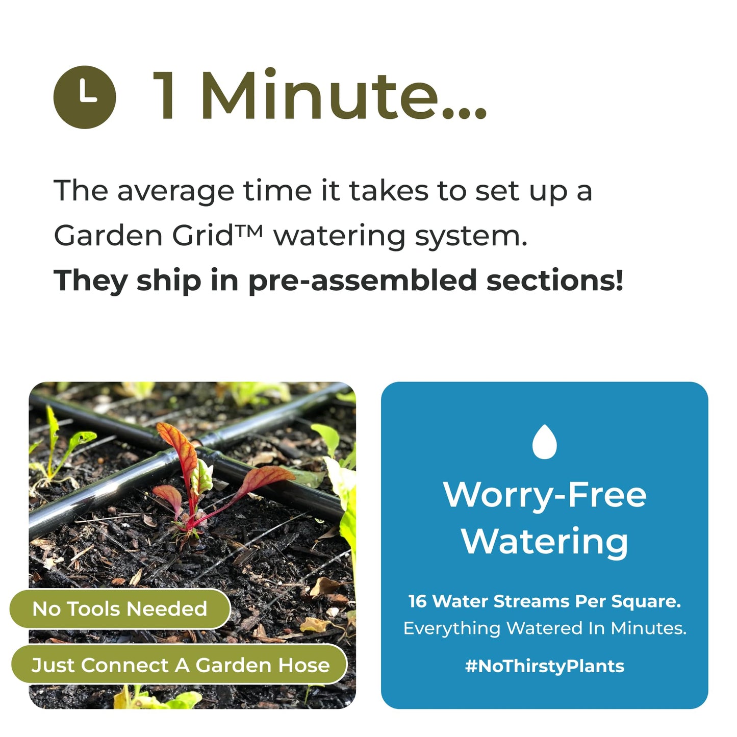 Garden Grid Watering System, 2x8 Cornerless | Garden Irrigation System for Garden Beds | Pre-Assembled, Waters Every Plant, USA-Made | Ideal for Beds w/Corner Posts or Curved Ends | 22.5"x88"