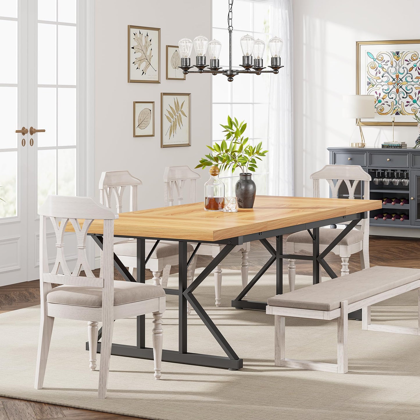 Tribesigns Farmhouse Dining Table for 6 People, 70.8-Inch Rectangular Wood Dining Table, Rustic Kitchen Table with Heavy Duty Metal Legs for Dining Room