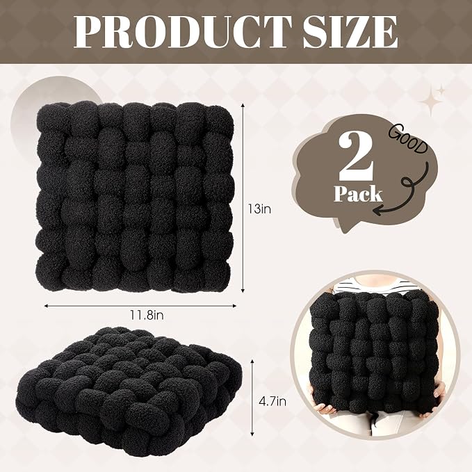 Wenqik 2 Pcs Knot Pillows Square Knotted Plush Throws Soft Accent Pillows Decoration Cushion for Couch Home Office Living Room Bedroom Bed Sofa Decor, 12'' x 13''(Black,Lambswool)