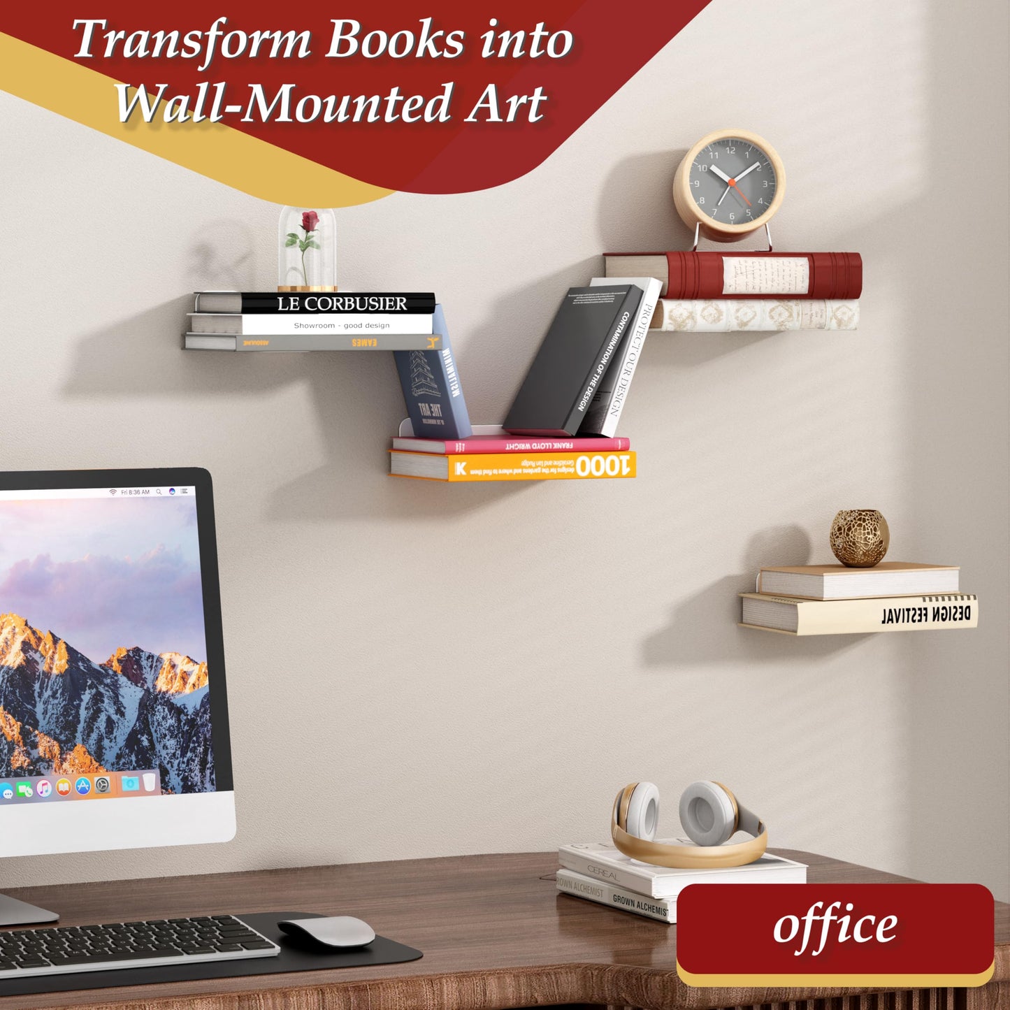 Deasolin Wall Mounted Floating Book Shelves, Floating Invisible Bookshelf, Heavy-Duty Steel Hidden Bookshelf Hanging Bookshelves for Bedroom Living Room Office, White 4-Pack