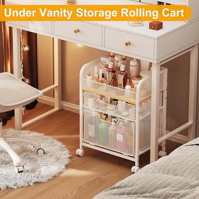 Yociyoga 3 Tier Rolling Cart with Drawers,Pantry Storage Cart with Wheels,Under Desk Storage Cart for Small Space,Pantry Floor Organizers and Storage,Metal Load-Bearing Utility Craft Cart,White
