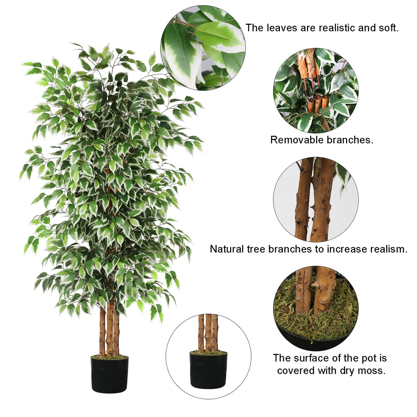 GTIDEA 6ft Artificial Tree Ficus, Tall Faux Trees Indoor with Natural Trunk and Fake Silk Tree Fake Plants for Home Spring Decor Living Room Outdoor Balcony House Office (Included Dried Moss)
