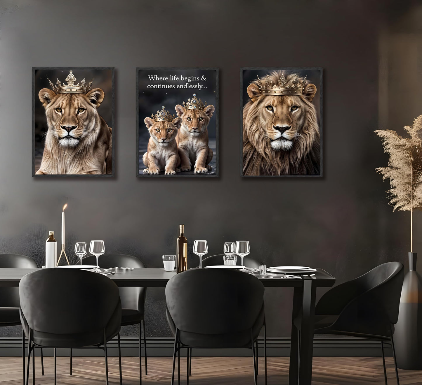 FJKLRP 3pcs Lion Family Canvas Wall Art The Lion King and Queen with Crown Prints Posters Modern Motivational Animal Wall Decor Paintings for Home Bedroom Living Room Office Decoration Unframed