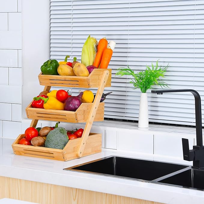 VIKEYHOME Fruit Basket, 3 Tier Bamboo Fruit Bowl for Kitchen, Stand Storage Holder, Heavy Duty/Large Capacity for Fruit, Vegetables Countertop Organizer