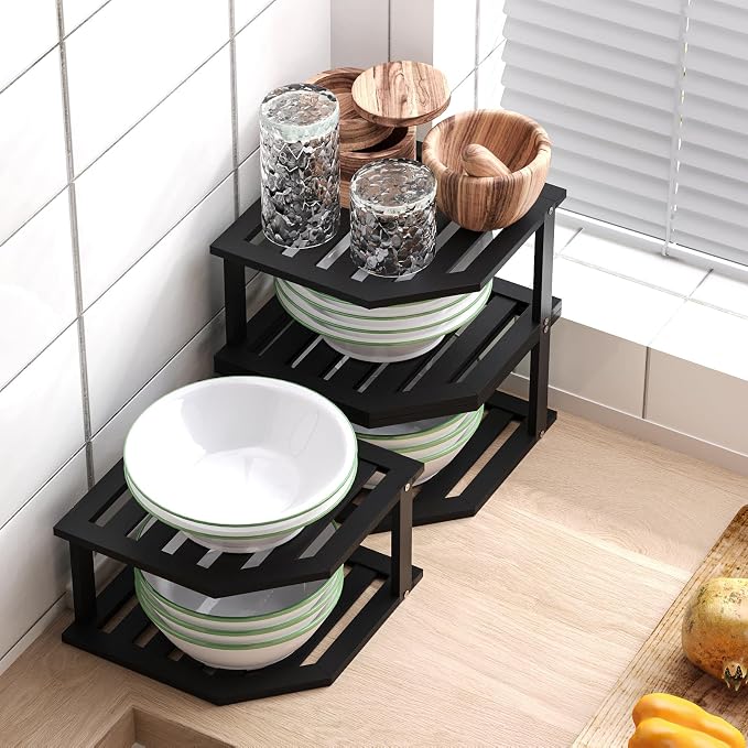 VERTORGAN Bamboo Corner Shelf(3 Pack),2 Tier Plate Organizer for Cabinet and Countertop,Pantry Dish and Spice Rack for Kitchen(Black)