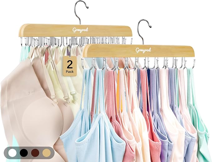 Gomyrod Bra Hanger for Closet, Tank Top Hangers 2 Pack w/20 Hooks Holds 40 Bras, Capacity Foldable Wood Space Saving Hanger, 360°Rotating Closet Organizers and Storage for Dorm & Apartment