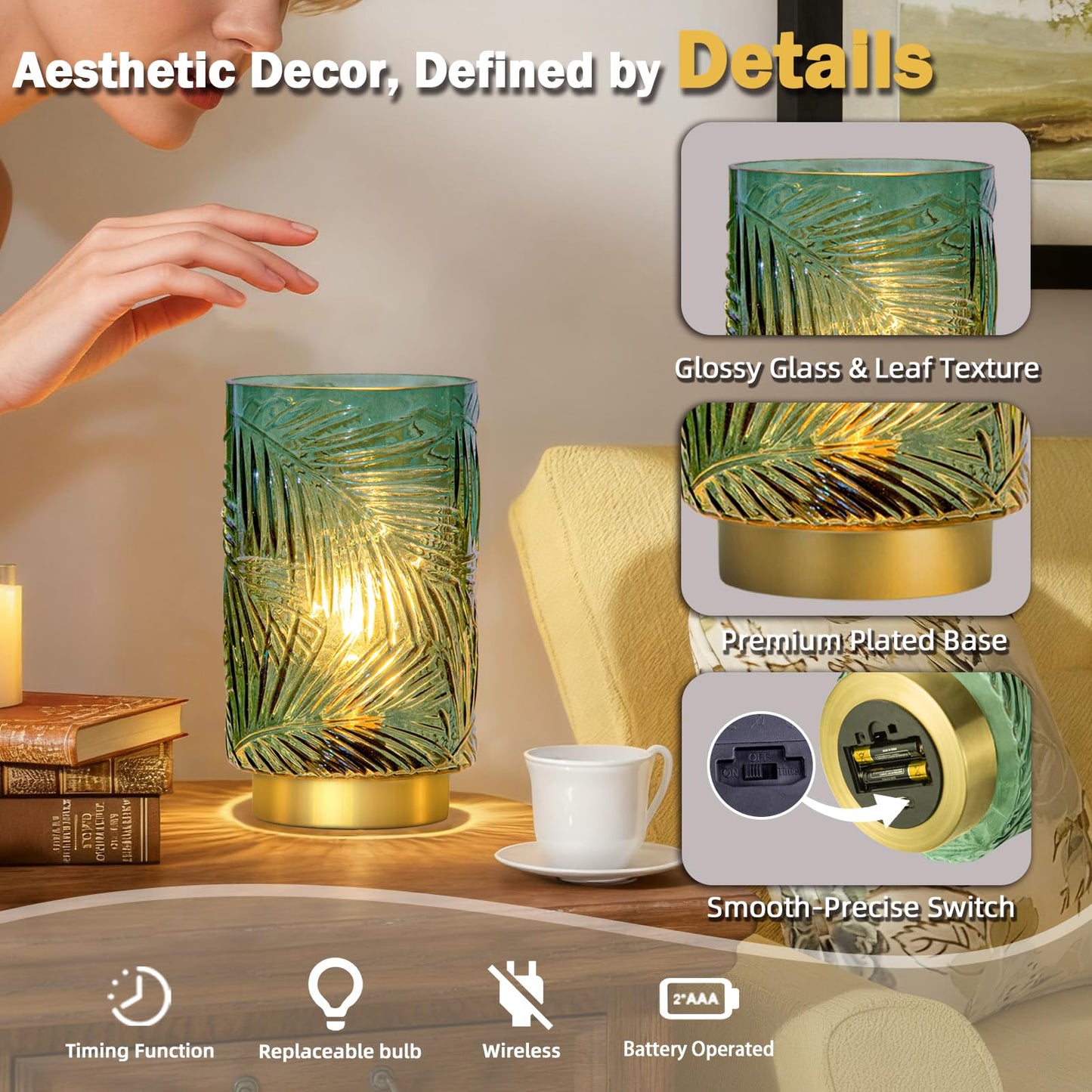 Battery Operated Table Lamp, Cordless Lamps for Home Décor, Nightlight with LED Bulb with Timer for Living Room Bedroom Tabletop Entryway Centerpiece Gift(S Green)