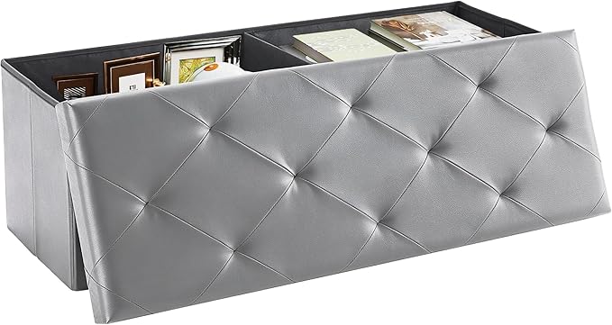 DUMOS 43 Inch Folding Storage Ottoman Bench, Large Storage Chest withThicker Foam Padded Seat, End of Bed Foot Rest Stool for Bedroom Living Room Entryway, Load 660 lbs, Lychee Grain Leather, Grey