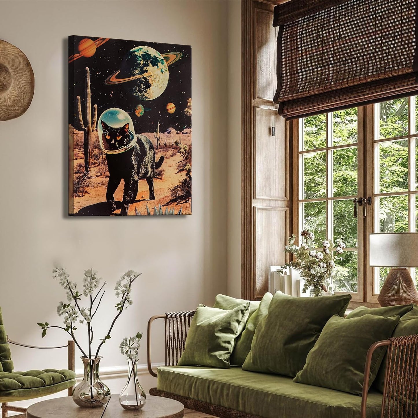 Ijeroain Black Space Cats Wall Art Funny Cat Wall Decor Pictures Cat astronaut painting artwork Cosmic planet Whimsical Print for Boys and Girls Room Bedroom home decoration 12x16in Canvas
