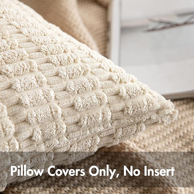 MIULEE Pack of 4 Corduroy Decorative Throw Pillow Covers 18x18 Inch Soft Boho Striped Pillow Covers Modern Farmhouse Home Decor for Sofa Living Room Couch Bed Cream White
