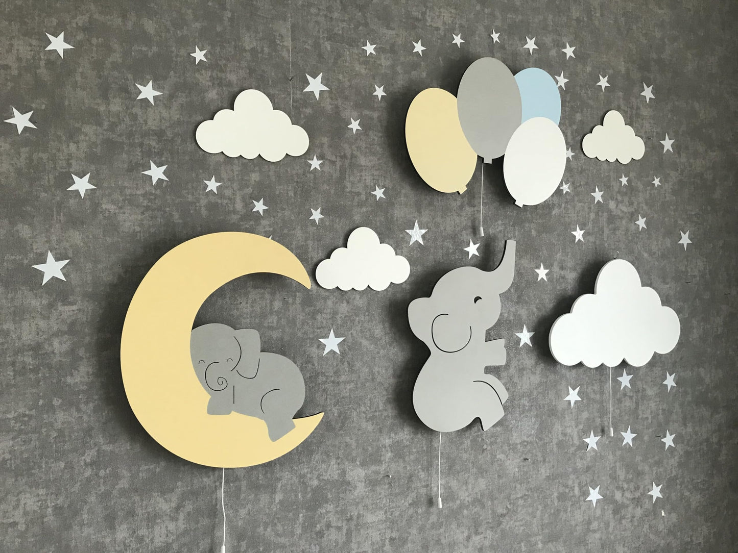 Furpinea Nursery Lamp Set of 4 Moon, Cloud, Elephant, and Balloon, Baby Room Sign Wall Night Light Cloud Shape Gift Baby Montessori Bedroom Lamp Decor (Boys, Blue)