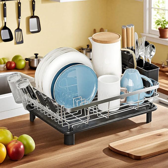 MOUKABAL Dish Drying Rack, Dish Rack, Stainless Steel Dish Racks for Kitchen Counter, Dish Drainer with Removable Utensil Holder, Drainboard (Black,Stainless Steel,13''W x 17''L)