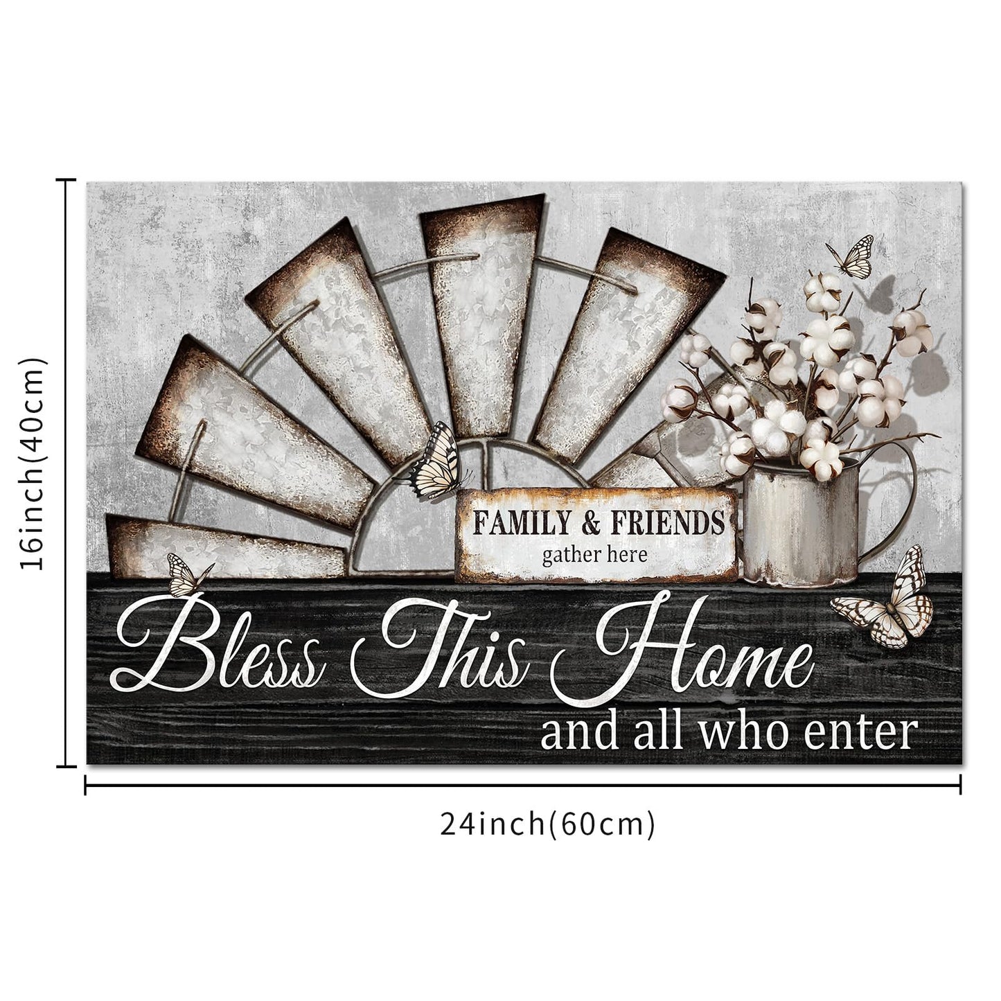 Visual Art Decor Farmhouse Windmill Wall Decor Bless This Home Sign Rustic Farm Style Room Decor Framed 16x24inch Kitchen Bedroom Living Room Decor (Black)