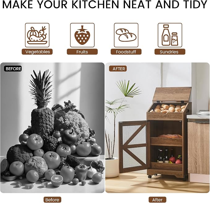 Potato Storage Bin with Wheels, Wood Potato and Onion Storage Cabinet with Lid, Movable Fruit and Vegetable Organizer Box, Large Bread Box for Kitchen