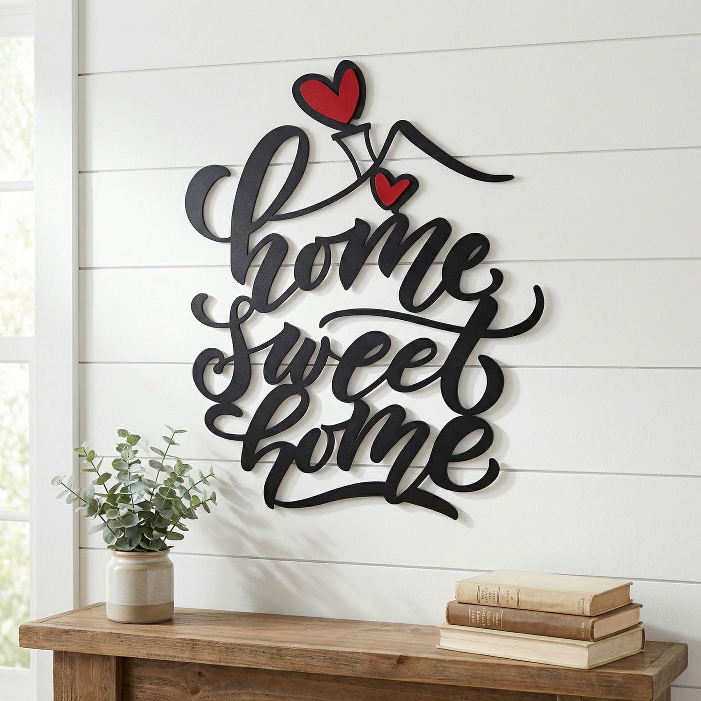 AIM & GGKK Home Sweet Home Wall Art, Metal Calligraphy Sign with Red Heart Accent - Rustic Farmhouse Wall Decor for Living Room, Entryway, Kitchen | 14.8" x 12.2" Black Metal | Easy Hang | Housewarming Gifts for New Homeowners