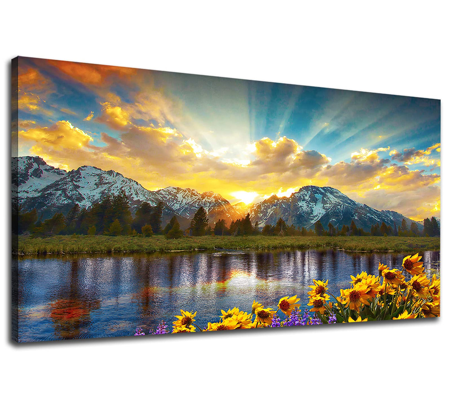 Sunset Mountain Canvas Wall Art Nature Landscape Pictures for Wall Decor Sunflowers Lake Grand Teton National Park Scenery Canvas Painting Artwork Living Room Home Office Decoration 24 x 48in