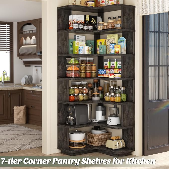 Armocity Corner Book Shelf - 7 Tier Corner Bookshelf Etagere Bookcase with Baffle, Freestanding L Shaped Display Shelf Stand for Home Office, Living Room, Bedroom, Kitchen, Grey Oak