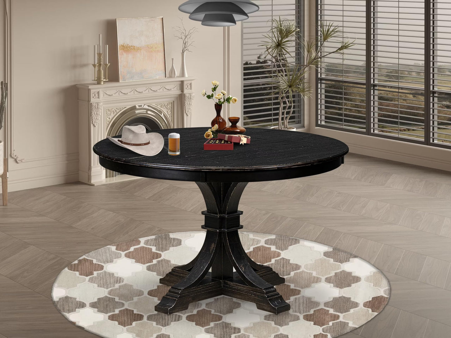 Luxe by East West Furniture FE7-11-TP Kitchen Table with Acacia Wood Round Tabletop and Stylish Pedestal Base - Sand Blasted Black Finish