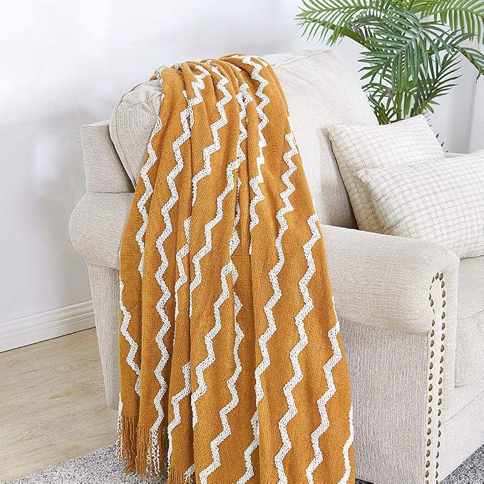 BOURINA Fluffy Chenille Knitted Fringe Throw Blanket Lightweight Soft Cozy for Bed Sofa Chair Throw Blankets, Dark Gold 50" x 60"