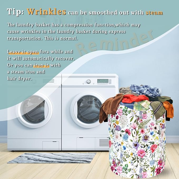 Watercolor Flower Floral Laundry Basket Foldable With Handles Tote Bag Oxford Cloth Colorful Laundry Hamper Clothes Storage Bucket Toy Organizer 18.9" x 16.5" For Bathroom/Laundry/Bedroom