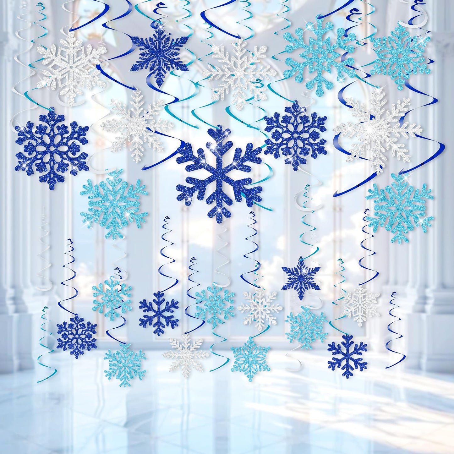 30Pcs Winter Glitter Snowflake Hanging Swirl Decorations Winter Wonderland Decorations Christmas Snowflake Hanging Swirls Ceiling Streamers Baby Shower Hanging Decor Birthday Wedding Party Supplies